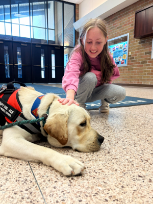 Student petting service dog, Ace, at Petoskey Middle School